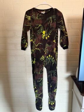 Komar Kids Brown Fleece Footed Pajamas with Neon Green Dino Print